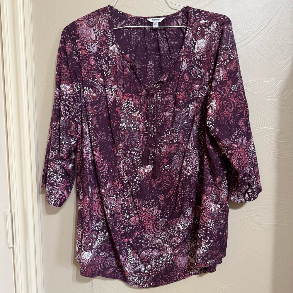 SONOMA Women's Paisley-Like Print, Peasant Tunic in a Rich Plum and Pink Color